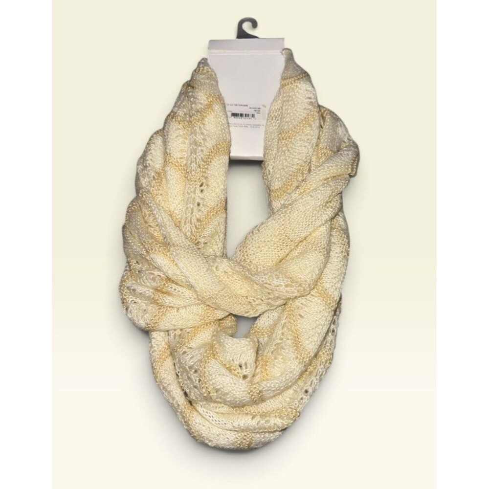Liz Claiborne Ivory Metallic Gold Open Knit Infinity Scarf NWT - Picture 3 of 5